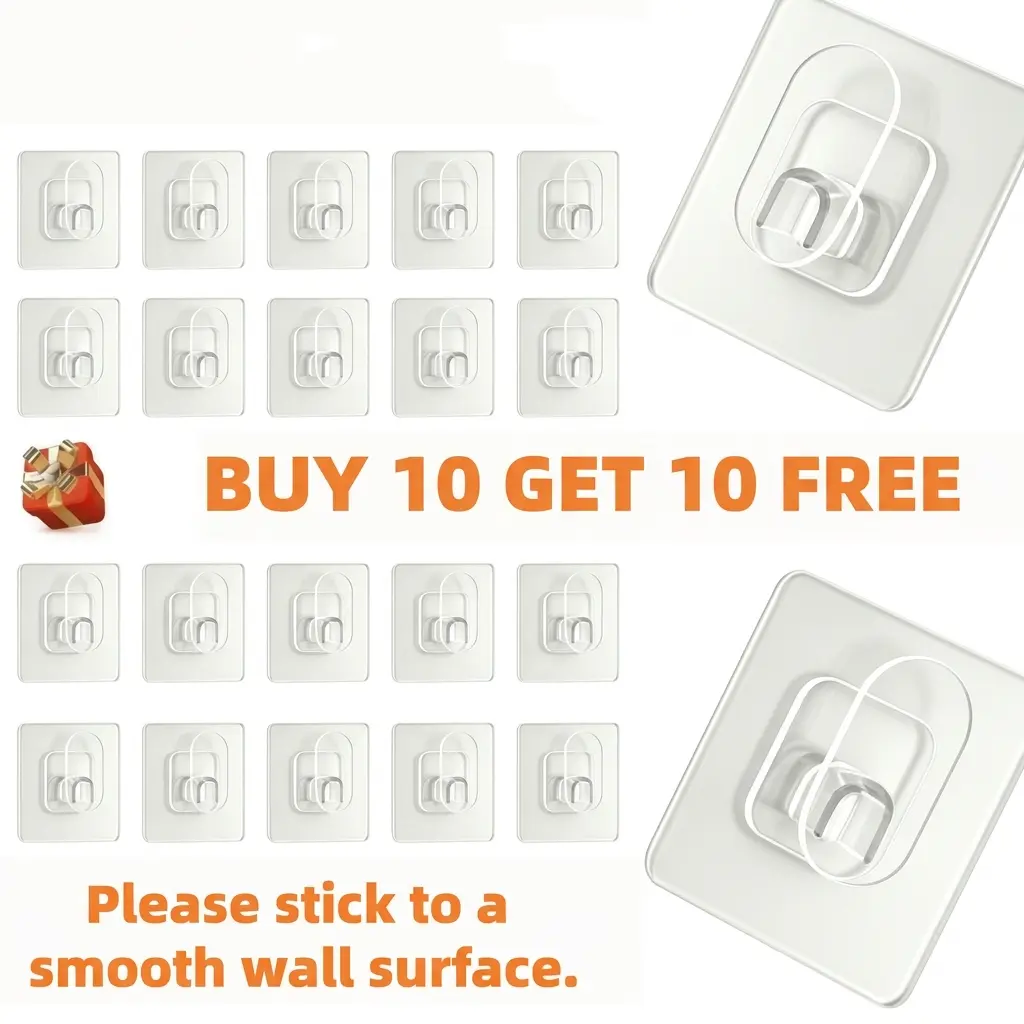 Buy 10 Get 10 Free，Heavy Duty Adhesive Hooks, No Drill Waterproof Traceless Removable Wall Sticky Hooks for Bathroom Kitchen Office Home Organization