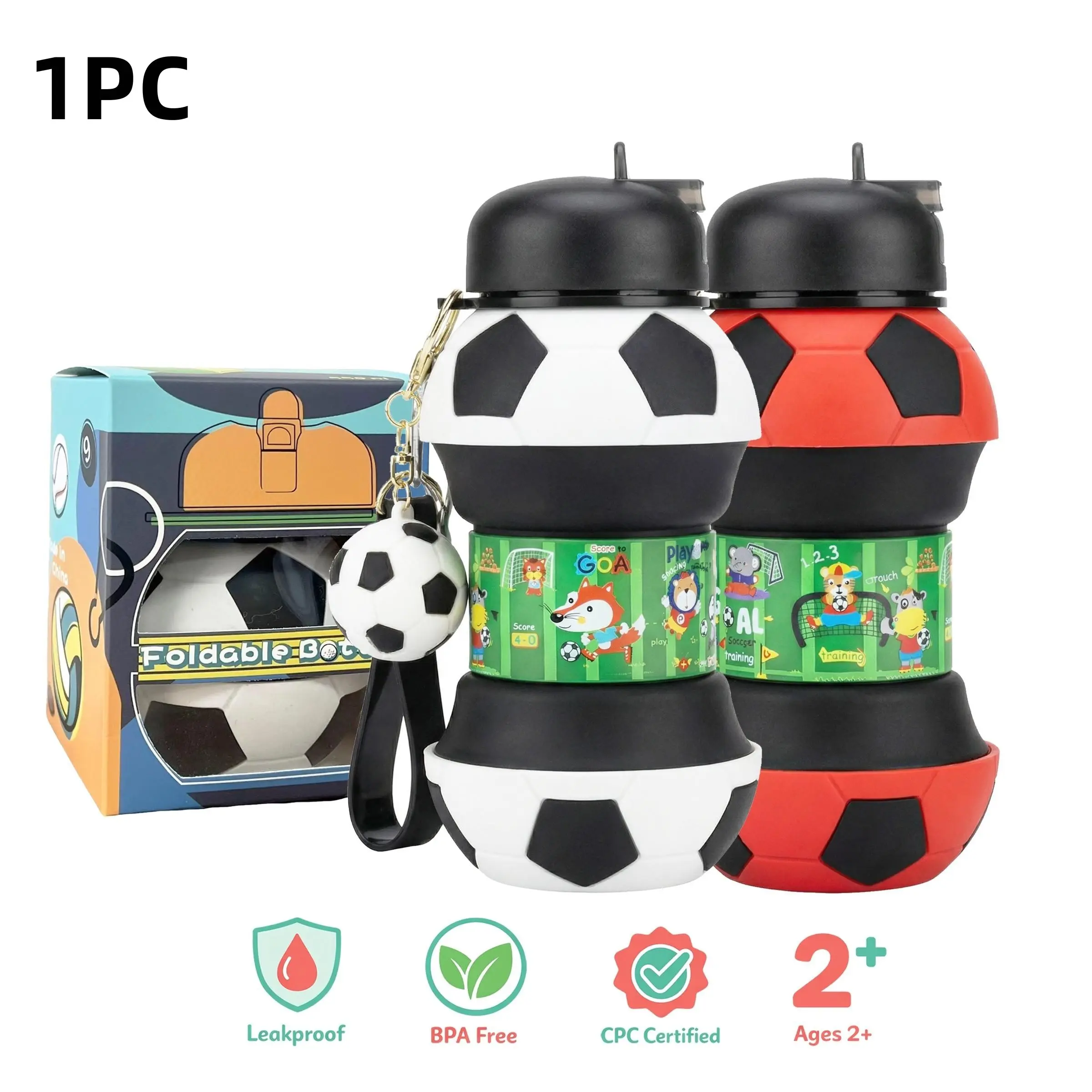 Foldable Water Bottle, 1 Count Soccer Ball Design Water Bottle with Lid, Portable Leak-proof Drinking Cup for Outdoor Sp, Leakproof Sports Bottle, Sports Drinking Bottle, Travel Water Bottle, Travel Bottled Drinkware