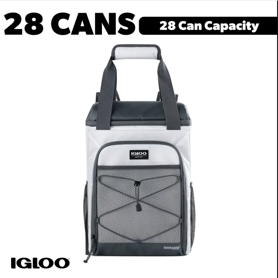 Igloo Marine Soft-Side Backpack Cooler, 28 Can Capacity, White and Gray