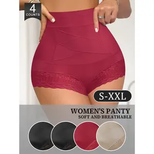 QUASTI 4-Pack Women's High-Waisted Lace Shaping Panties, Soft Solid Color, Tummy Control & Butt Lifting Sexy Panties, Crisscross Design, Invisible High-Elastic Fabric, Suitable For Everyday Wear, Minimalist Style, XS-XXL