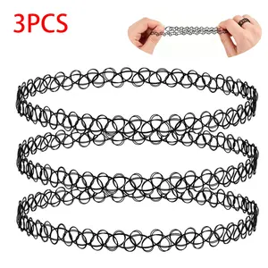 3pcs 90s Vintage Tattoo Choker Necklace Set, Retro Black Elastic Gothic Collar Stretchy Necklace Bracelet and Ring Set Costumes & Daily Wear Jewelry for Women