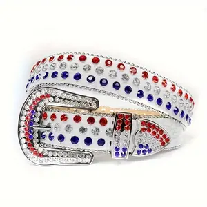 （All handmade）Men's Multicolor Skull Buckle Leather Belt Western American Flag Design Rhinestone Faux Leather Belt For Men Bling Bling Rhinestone Skull Buckle Crystal Belt, Choice Gift For Husband Fater Son