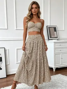 Skirts For Women Floral Print Midi Skirt High-Waisted Stretch A-Line Pleated Skirt Lightweight Casual Bohemian-Style Bottoms Retro Romantic Skirt Suitable For Everyday Wear Beach Vacations Street Style, Holiday Outings And Weekend Gatherings