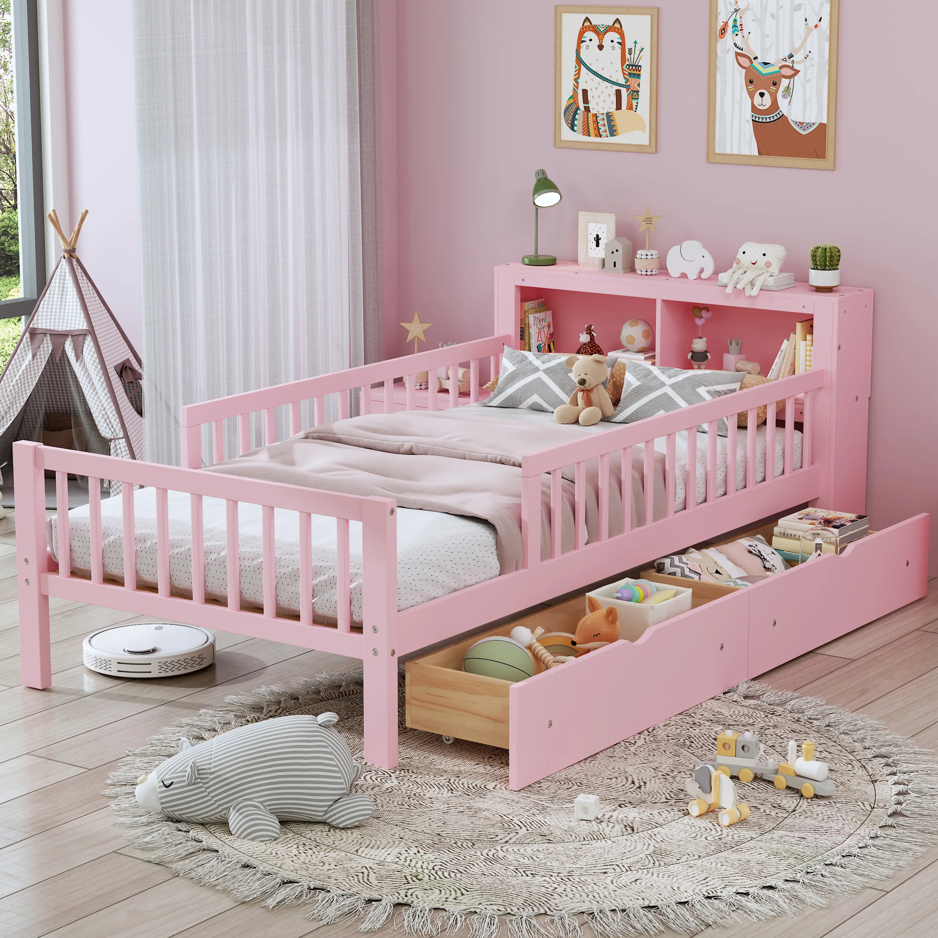 Dreamzon Twin Size Bed with Headboard Storage Rack, Two Under-Bed Drawers, Three-Side Guardrails for Safety and Security,Pink