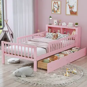 Dreamzon Twin Size Bed with Headboard Storage Rack, Two Under-Bed Drawers, Three-Side Guardrails for Safety and Security,Pink