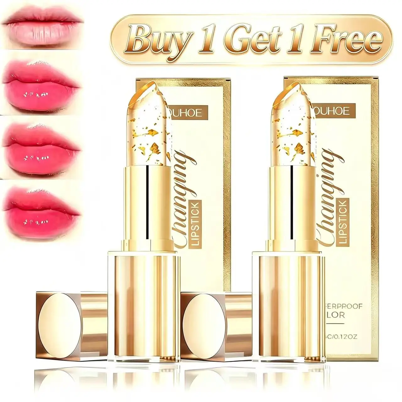 2-Count Temperature-Sensitive Color-Changing Gold Crystal pH Lipstick Cosmetic - 3.5g, Transferproof, Hydrating, Gentle, Blend Effect, Tinted Lippie Stick, Sensitive Safe, , Natural Look, Gift-Ready Duo for Natural Makeup moisturizing lip  glaze liptik