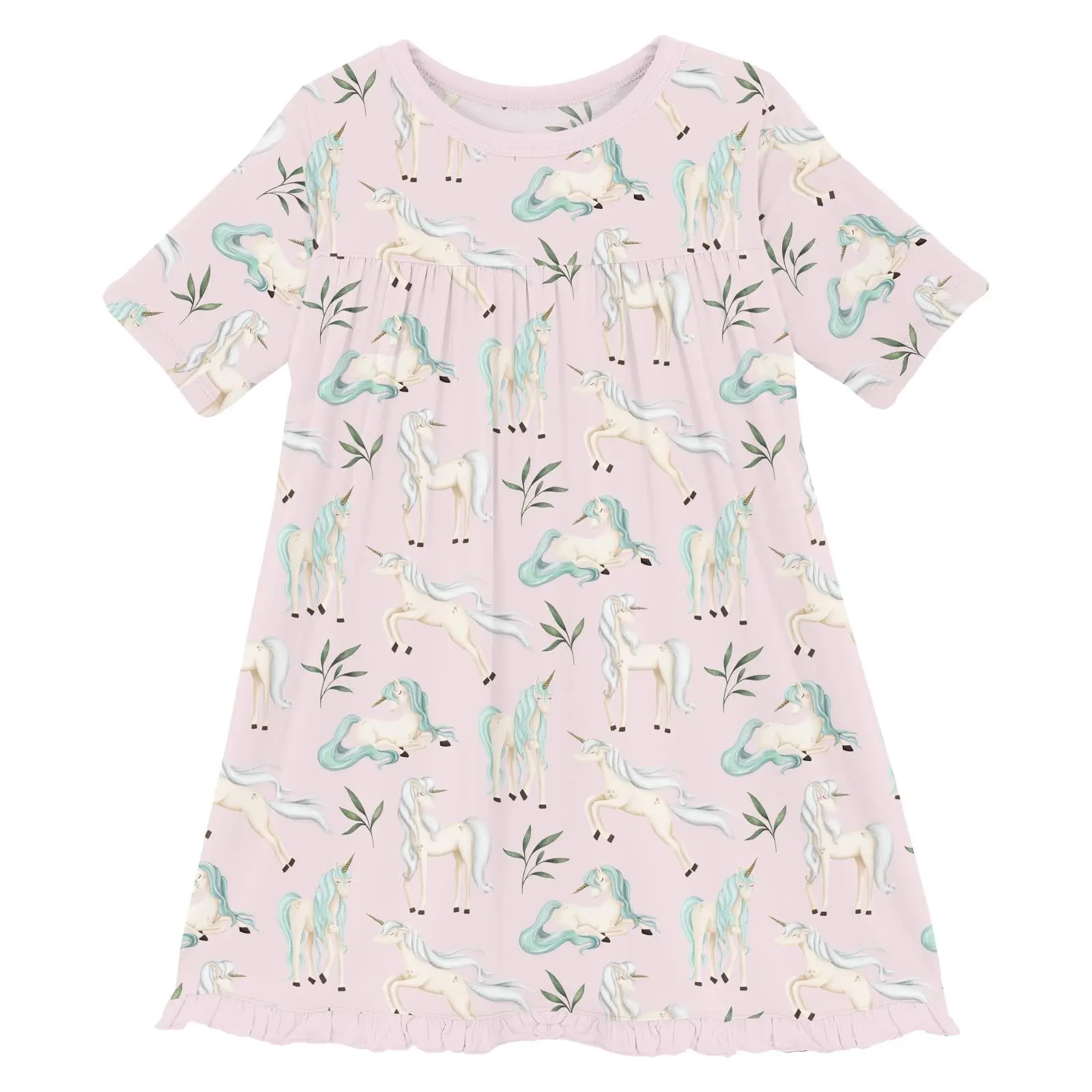 Print Short Sleeve Swing Dress in Shrinking Violet Sleeping Unicorns