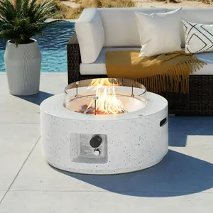 Outdoor Propane Fire Pit Coffee Table, 28-inch Terrazzo Round Base Patio Heater, Stainless Steel Burner, Wind Guard, Free Lava Rocks, Waterproof Cover