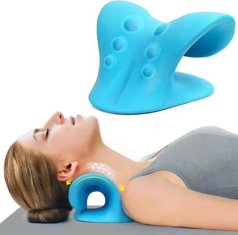 Neck and Shoulder Relaxer, Cervical TractionDevice for TMJ Pain Relief and Cervical SpinAlignment, Chiropractic Pillow Neck Stretche(Blue)[Gift]