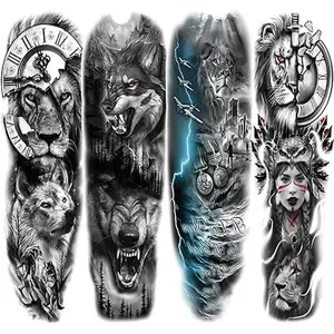 Lion Wolf Temporary Tattoo Sleeve, Large Full Arm Animal Tribal Fake Tattoos Sleeve For Men Women Adult, Long Lasting Black Arm Temp Tatoo Sticker Leg Body Art Makeup, 4-Sheet