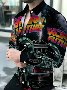 Men's Breathable Lapel Long Sleeve Cardigan Back to the Future DeLorean Lightning Print