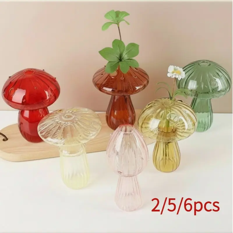 Mushroom Vase Set, Cute Colorful Plant Propagation Kit (2/5/6 Pieces), Mini Eco Bottle, Small Indoor Hydroponic Pot, Glass Decorative Vase, Home Decorative Vase, Glass Vases For Flowers