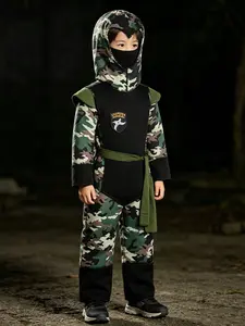 Ninja Costume Camouflage Bodysuit with Tactical Vest, Badge, and Headgear, Perfect for Military Themes, Stage Performances, Role-Playing