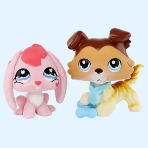 2PCS Cute Mini Pet Figures Set - Brown Tan Collie Dog and Pink Lop-Eared Rabbit with Medal Accessory, Collectible Animal Toys for Kids & Collectors