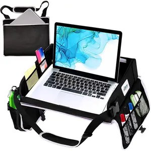 Travel Lap Desk, Travel Tray, Portable Lapdesk for , Remote Work, Road Trips, School, Laptop Pad with Storage Pocket, Tablet Holder,  Strap, Fits up to 15.6-Inch Laptop (Black)