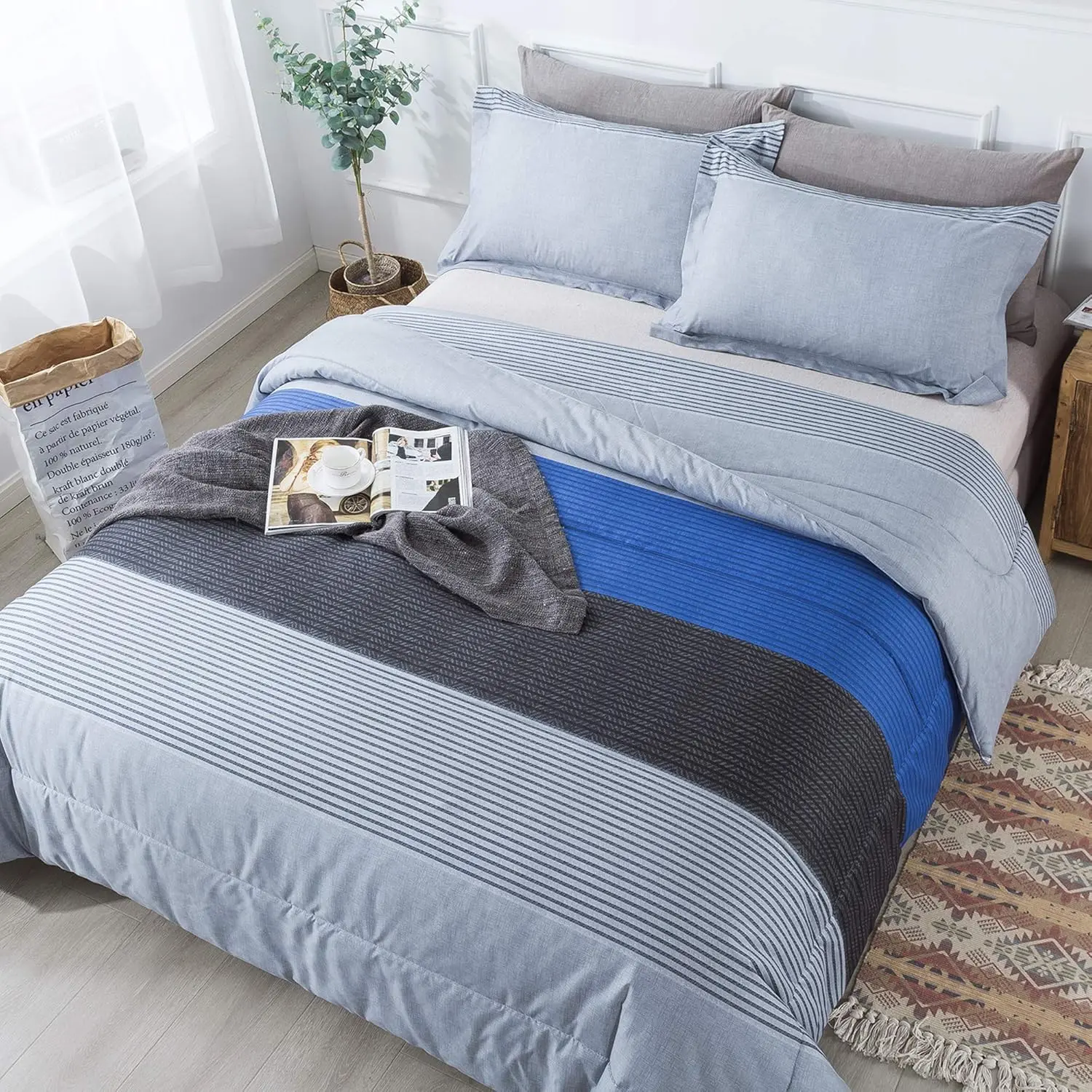 Full Size Blue Comforter Set (79x90 Inch), 3 count Gray and Blue Patchwork Striped Comforter, Soft Microfiber Down Alternative Comforter Bedding Set Bed in a Bag with Corner Loops