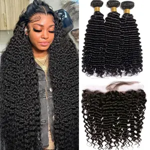 24K Extensions Deep Wave Human Hair Bundles With 13x4 HD Lace Frontal Or 13x6 HD Lace Frontal With Extensions Brazilian Weavings 3 Bundles With Frontal for Women