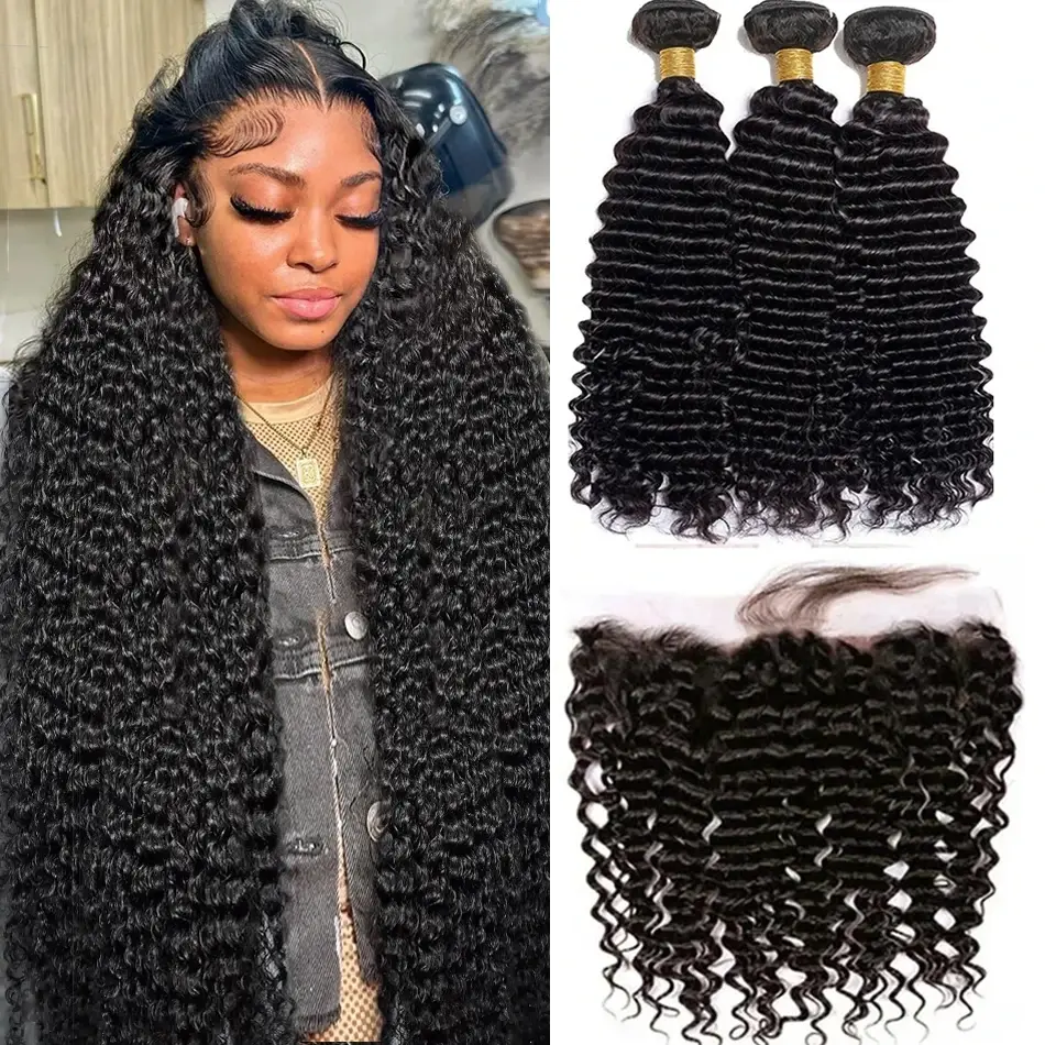 24K Extensions Deep Wave Human Hair Bundles With 13x4 HD Lace Frontal Or 13x6 HD Lace Frontal With Extensions Brazilian Weavings 3 Bundles With Frontal for Women