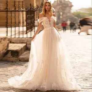 Eightree Off Shoulder A-Line Wedding Dresses Lace Appliques Beach Boho Wedding Gown Custom Plus Size Backless Bride Dress