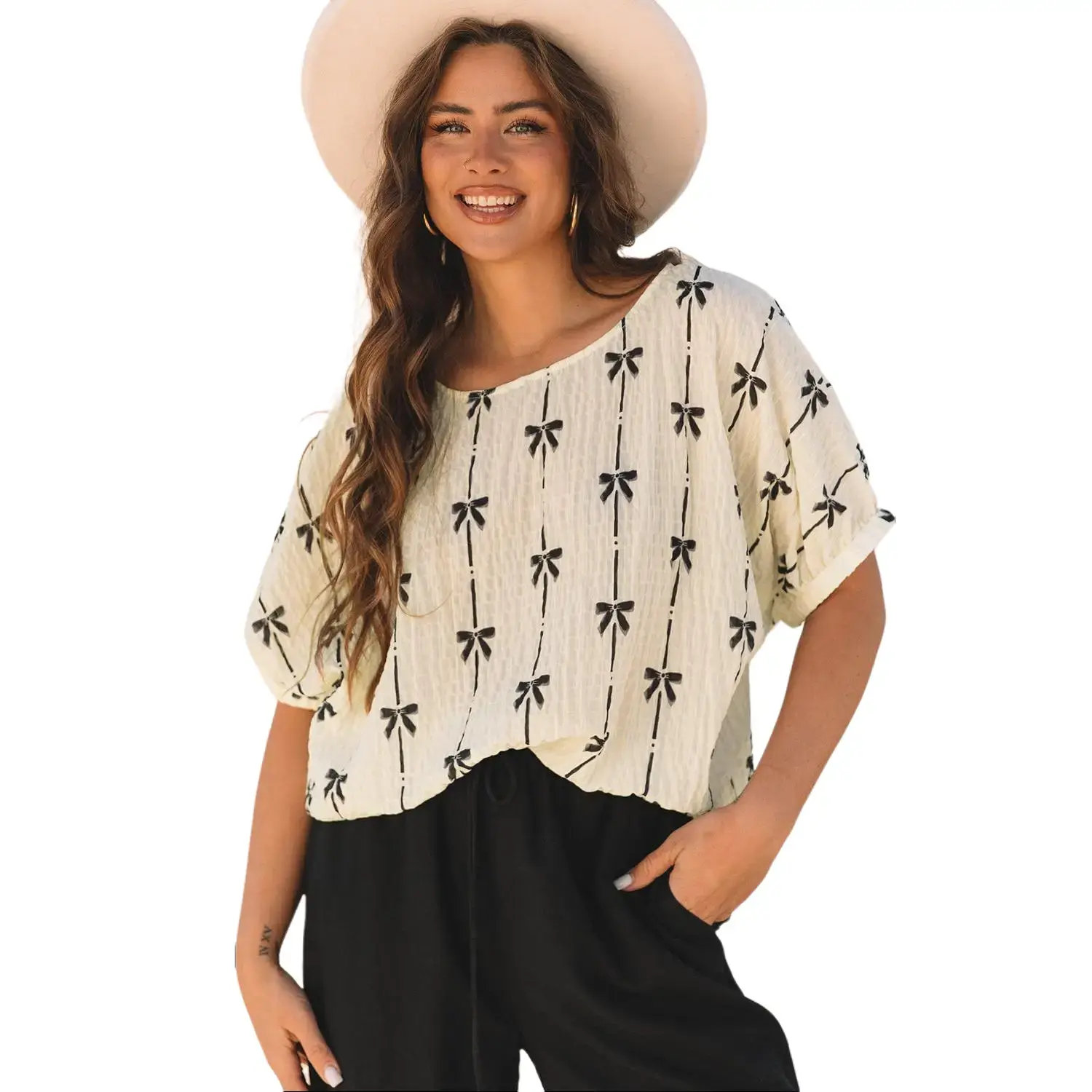 Beige Bow Print Puff Short Sleeve Top Beige Bow Print Puff Short Sleeve Top