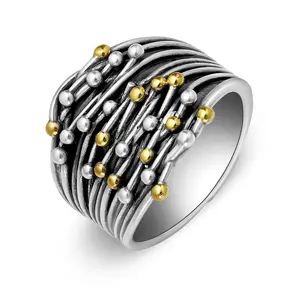 Aprilery Two-Tone Openwork Statement Ring for Women | Vintage Wide Band Cocktail Jewelry