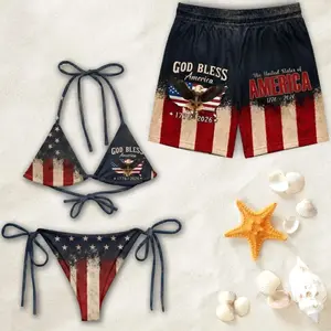 [Hot Summer] Couple Swimsuit Set "God Bless America," Bikini tops printed with the patriotic American flag 1776-2026, Independence Day commemorative gift.
