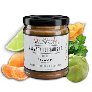 "Cinco" Tomatillo & Clementine Pepper Sauce by Harmacy Hot Sauce Co, 9oz Jar, Vegan, Gluten/Nut/Soy Free, Gourmet, Flavor, Dip, Citrus, Fresh, Chicken