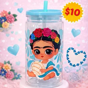 Baby Hispanic Frida Concha Cup with Floral Design and Blue Lid Perfect for Kids