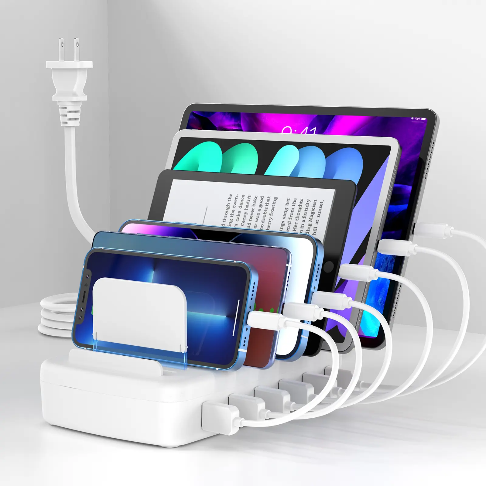 50W Nano Desktop Charging Station Charger - 6 USB Ports, 14 Slots, 7 Detachable Dividers, 6 Short Cables Included (White) for Multi-Device Phones & Tablets