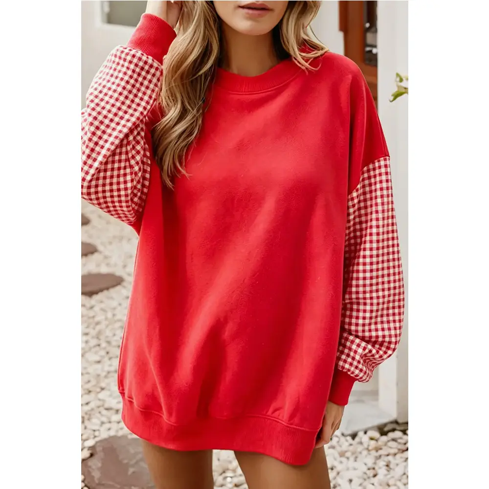 Womens Oversized Sweatshirt Crewneck Plaid Contrast Long Sleeve Casual Loose Pullover Tops
