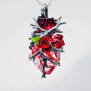 Handmade special gift, rose heart/atrial valve pendant, bound and wrapped, courage, strengths. Use the Japan high-quality hard type craft resin, Titanium steel, 925 silver.