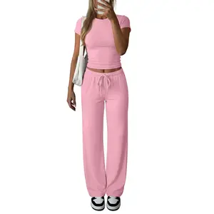 ANRABESS Women's 2 Piece Summer Matching Lounge Sets Wide Leg Pants Ruched Crop Tops Sweatsuits Sets Spring Travel Clothes