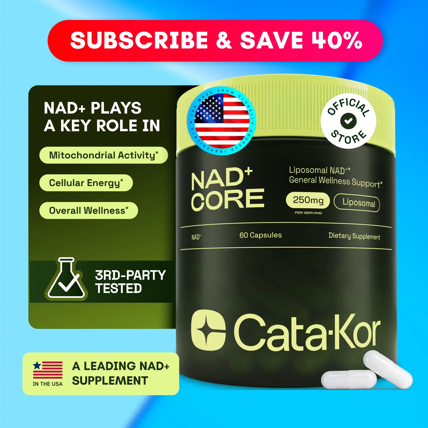 Cata-Kor NAD+ Core 250mg - NAD+ Supplement for Healthy Aging and Energy - 60 Count (30 Day Supply) - Vitamin & Wellness Supplements Dietary Healthcare Edible Cata-Kor NAD+ Core 250mg - NAD+ Supplement for Healthy Aging and Energy - 60 Count (30 Day Supply) - Vitamin & Wellness Supplements Dietary Healthcare Edible