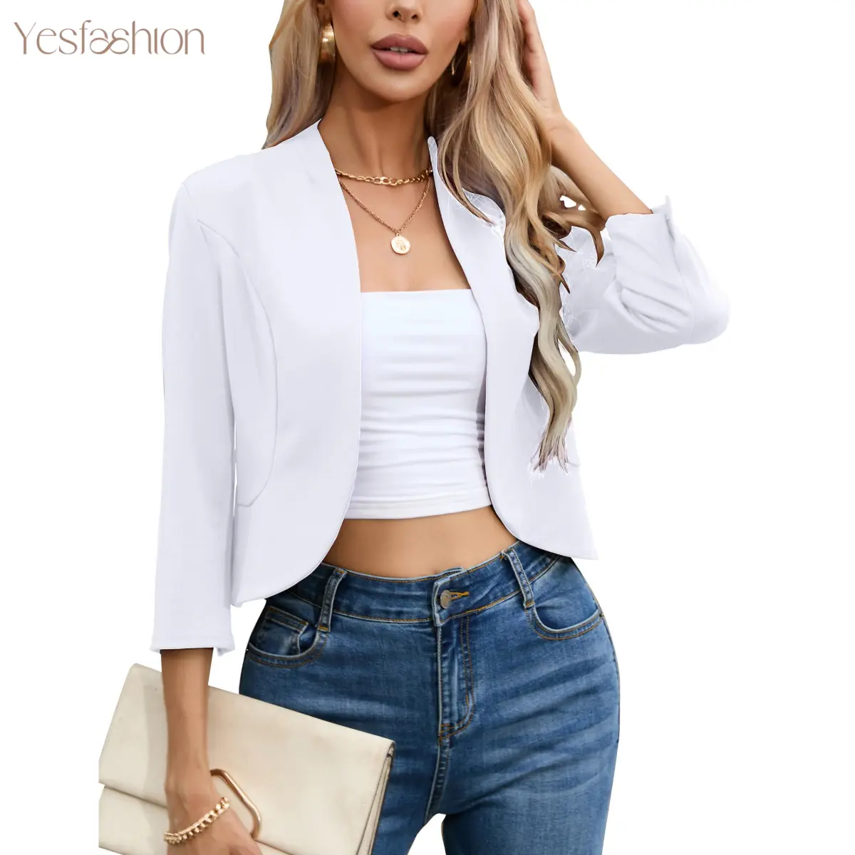 YESFASHION Womens Cropped Blazer Casual Business 3/4 Sleeve Collarless Open Front Cardigan Work Jacket Shrug XYZ