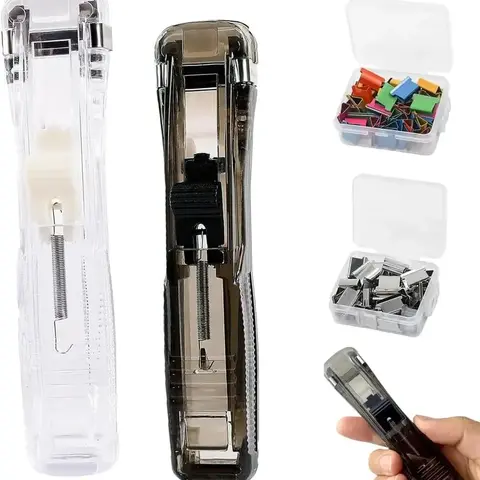2-Pcs Handheld Reusable Creative Push Stapler Box Set - Anti-Slip Stripes, 40-Sheet Capacity, 100 Steel Clip Refills, Easy-to-Use Office Accessories, Classroom Supplies, Holiday Gift Option for Office Binding