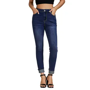 Luvamia Women's High Waisted Skinny Jeans Trendy Fold Hem Slim Fit Stretchy Denim Pants Jeggings with Pockets Streetwear Trouser Dark Blue Minimalist Basic