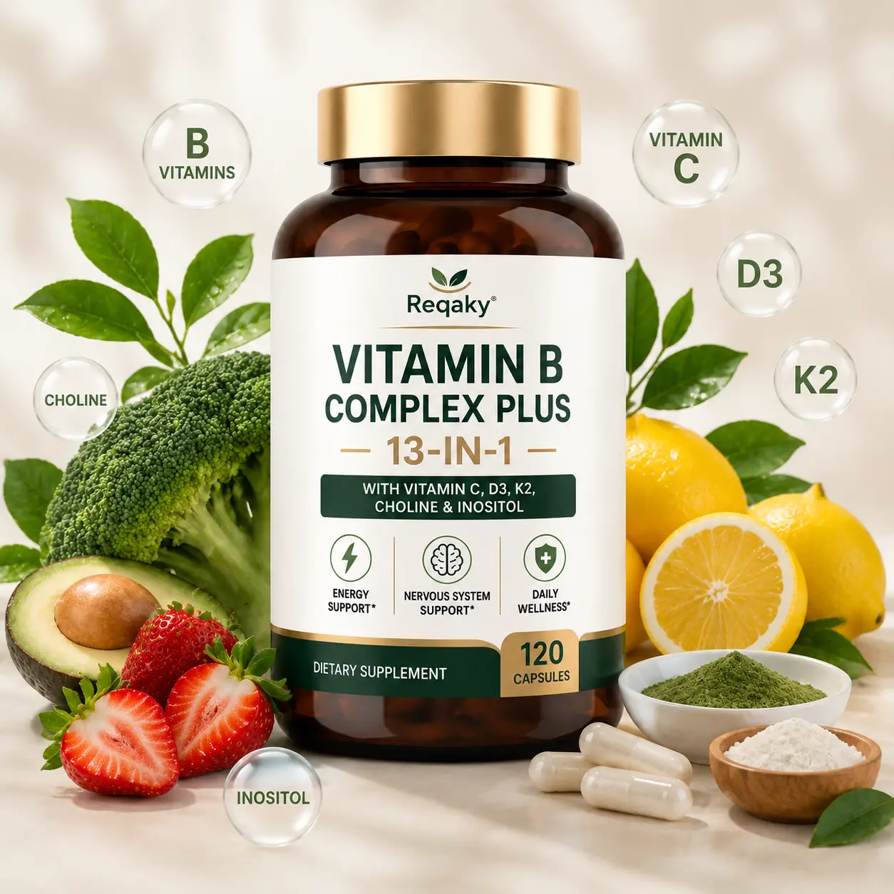 Reqaky 13-in-1 Vitamin B Complex Plus Healthcare Dietary Supplement - Vitamins B1,B2,B3(Niacinamide),B4,B5,B6,B7(Biotin),B8(Fucose),B9(Folic Acid),B12,C,D3,K2 - Supports Energy,Nerves,Immunity,Skin Health - 120 Vegetarian Capsules