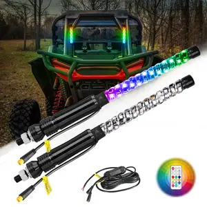 2PCS 1ft LED Whip Lights with Flag Pole Remote Control Spiral RGB Chase Light Offroad Warning Lighted Antenna LED Whips for SXS, UTV, ATV, Off Road, Truck, Sand, Buggy Dune, RZR, Can-am, Boat