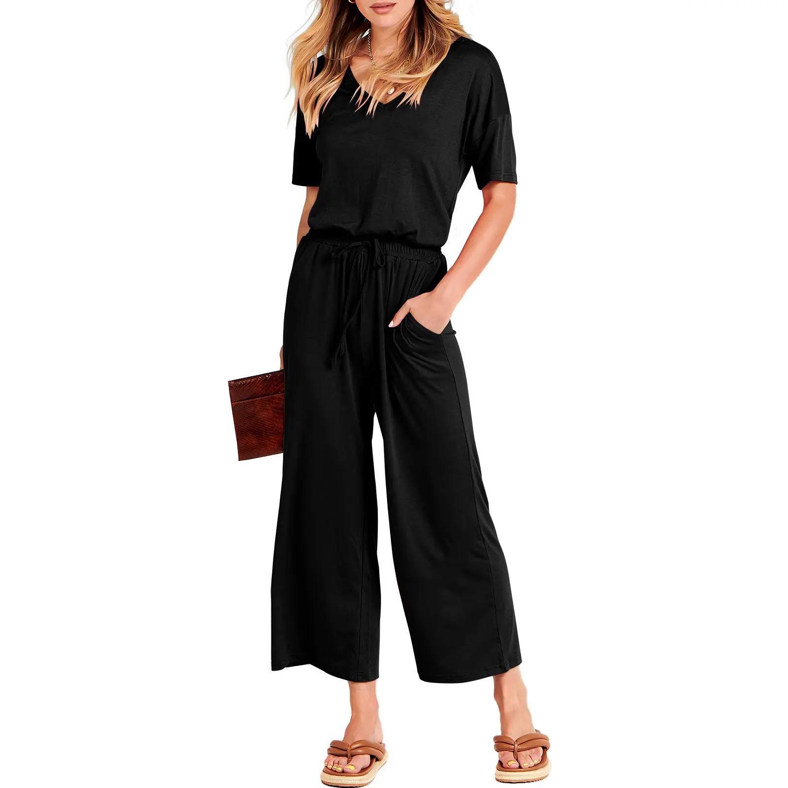 ANRABESS Women's Summer Casual Jumpsuit - Short Sleeve, V-Neck, Elastic Waist, Wide Leg, Cropped, with Pockets