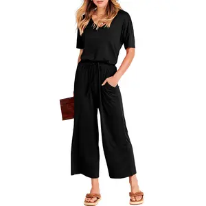 ANRABESS Women's Summer Casual Jumpsuit - Short Sleeve, V-Neck, Elastic Waist, Wide Leg, Cropped, with Pockets