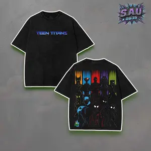 Teen Titans Graphic Tee Comics Superhero Silhouette Art - Heavyweight Acid Wash Boxy Fit Premium Cotton T-Shirt, Retro Cartoon Robin Raven Cyborg Merch, Unisex Grunge Washed Streetwear Top