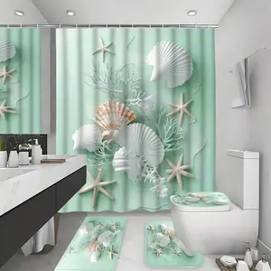 1/4pcs Green Ocean Beach Starfish Shell Coral Theme Shower Curtain Set, Polyester Fabric Bathtub Curtain Set Gift, Multi-Size, With 12 Hooks, Home Room Bathroom Decor