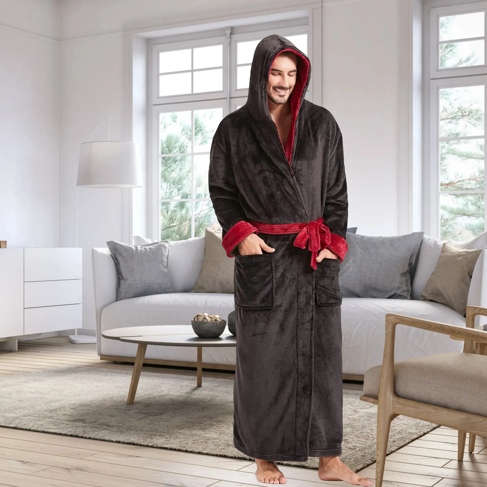 FashGudim Mens Robes Big and Tall with Hood Two-Tone Flannel Fleece Contrast Bathrobe Full Length Plush Long Robe House Coat Menswear Belt Plush Hooded
