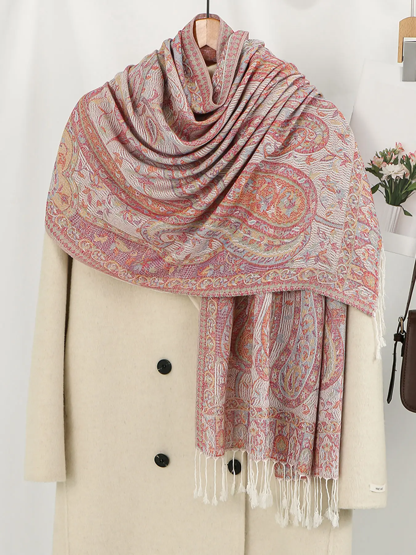 Bohemian Style Elegant Paisley Jacquard Cashew Fringe Scarf Women's Shawl, Autumn Winter Casual Headscarf Daily Wear Accessory