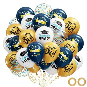Graduation 2026 Balloon Set 62 Pcs Blue, Gold, White Confetti & Grad Print Balloons for Parties