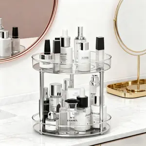 Double Layer Makeup Organizer Rack, Beauty Organizer, Rotating Skincare Multilayer Storage Box with Brush Holder, Multifunctional Display Cabinet for Bathroom Vanity