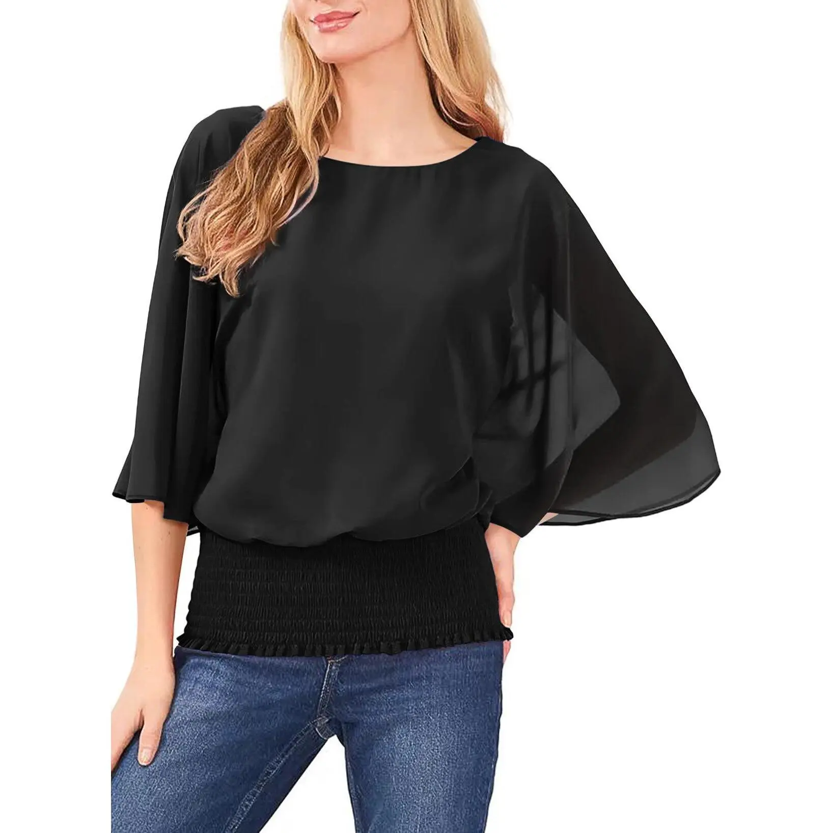 Dokotoo Womens Solid Short Sleeve Boat Crew Neck Chiffon Blouses 3/4 Sleeve Casual Dressy Shirts Batwing Dolman Top Tunic