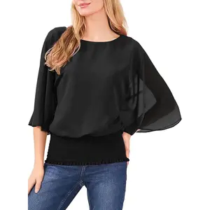 Dokotoo Womens Solid Short Sleeve Boat Crew Neck Chiffon Blouses 3/4 Sleeve Casual Dressy Shirts Batwing Dolman Top Tunic