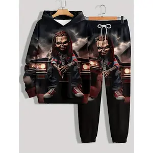 [Car Sport Set] Polyester Men's Car-Themed Casual Sport Set - Hoodie & Pants, Knit Fabric, Chucky Design, Long Sleeve, Elastic Waistband - Perfect for Fall/Winter