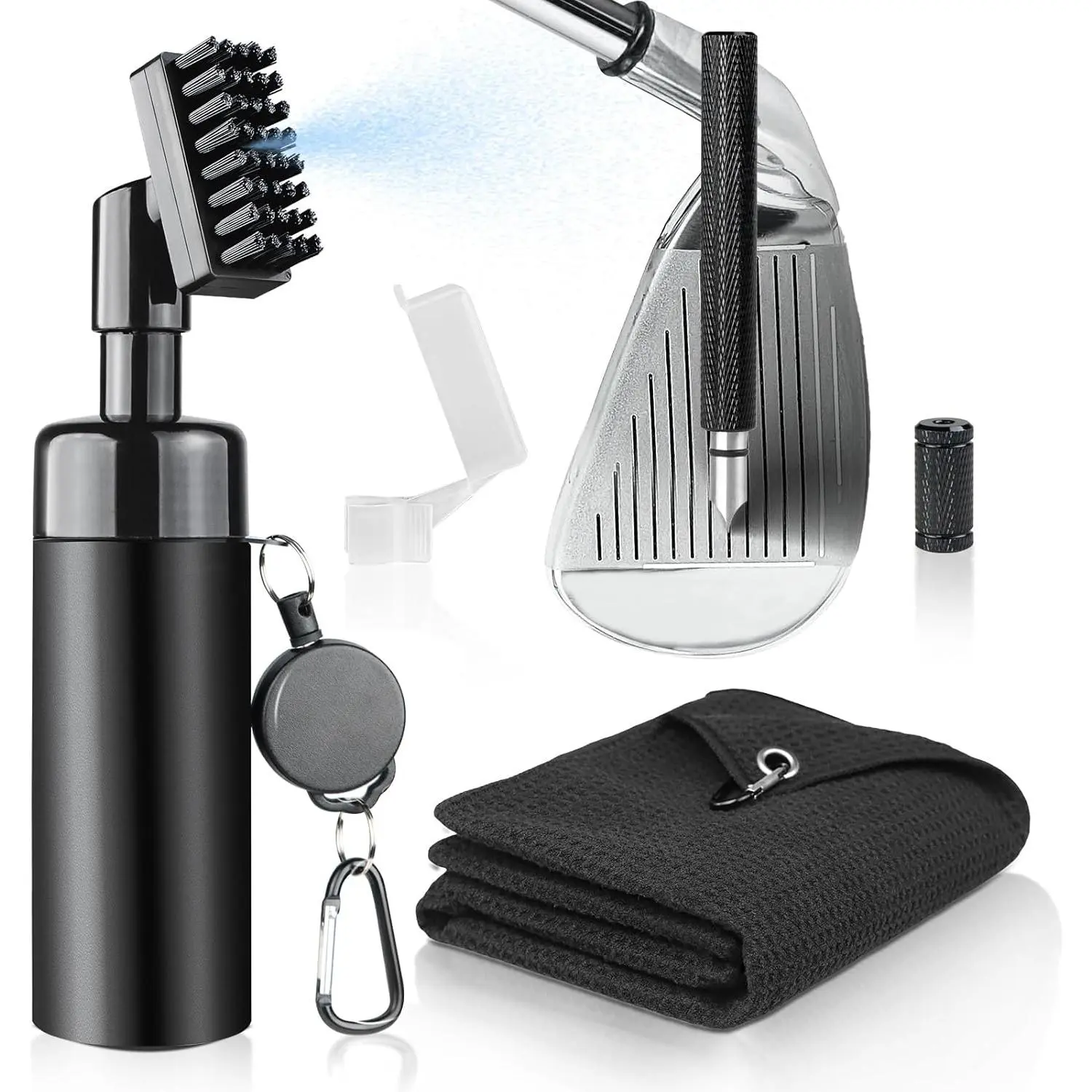 Golf Club Cleaner Brush, Golf Groove Sharpener Tool & Golf Towel, Golf Water Brush with Spray Bottle & Retractable Clip - Holds 5oz of Water, Essential Golf Accessories for Men for